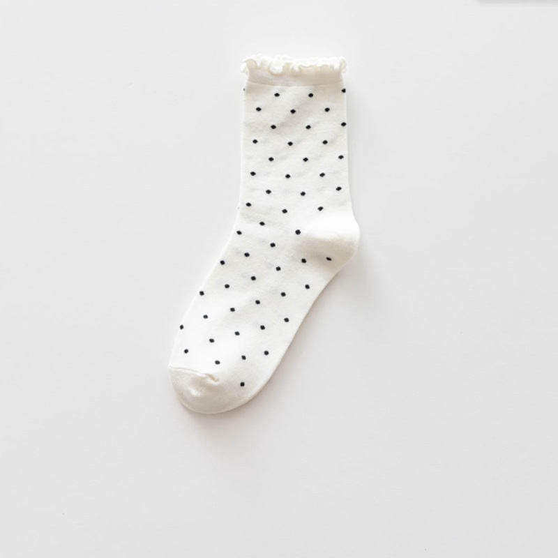 Polka Dot Lettuce Trim Crew Socks - White