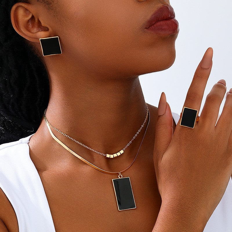 Black Enamel Layered Necklace Earring And Ring Set