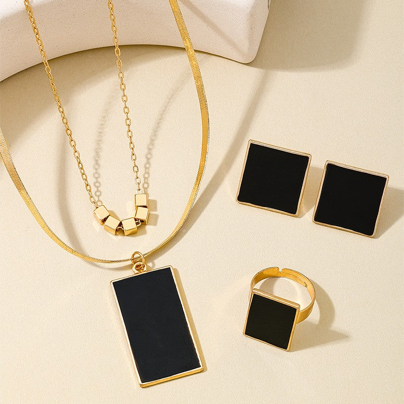 Black Enamel Layered Necklace Earring And Ring Set
