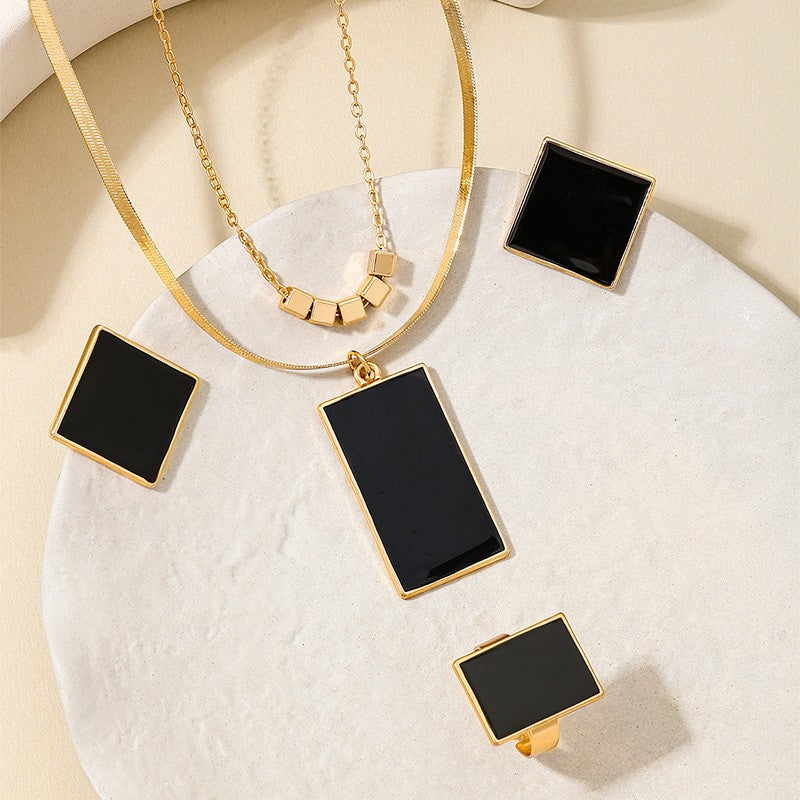 Black Enamel Layered Necklace Earring And Ring Set