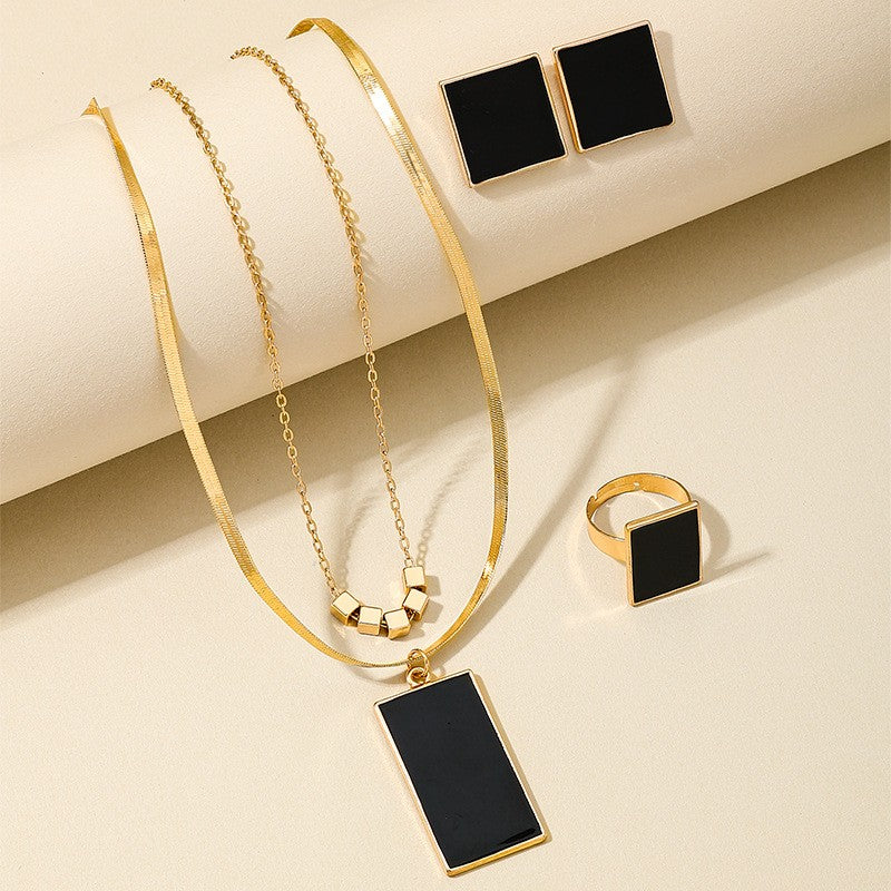 Black Enamel Layered Necklace Earring And Ring Set