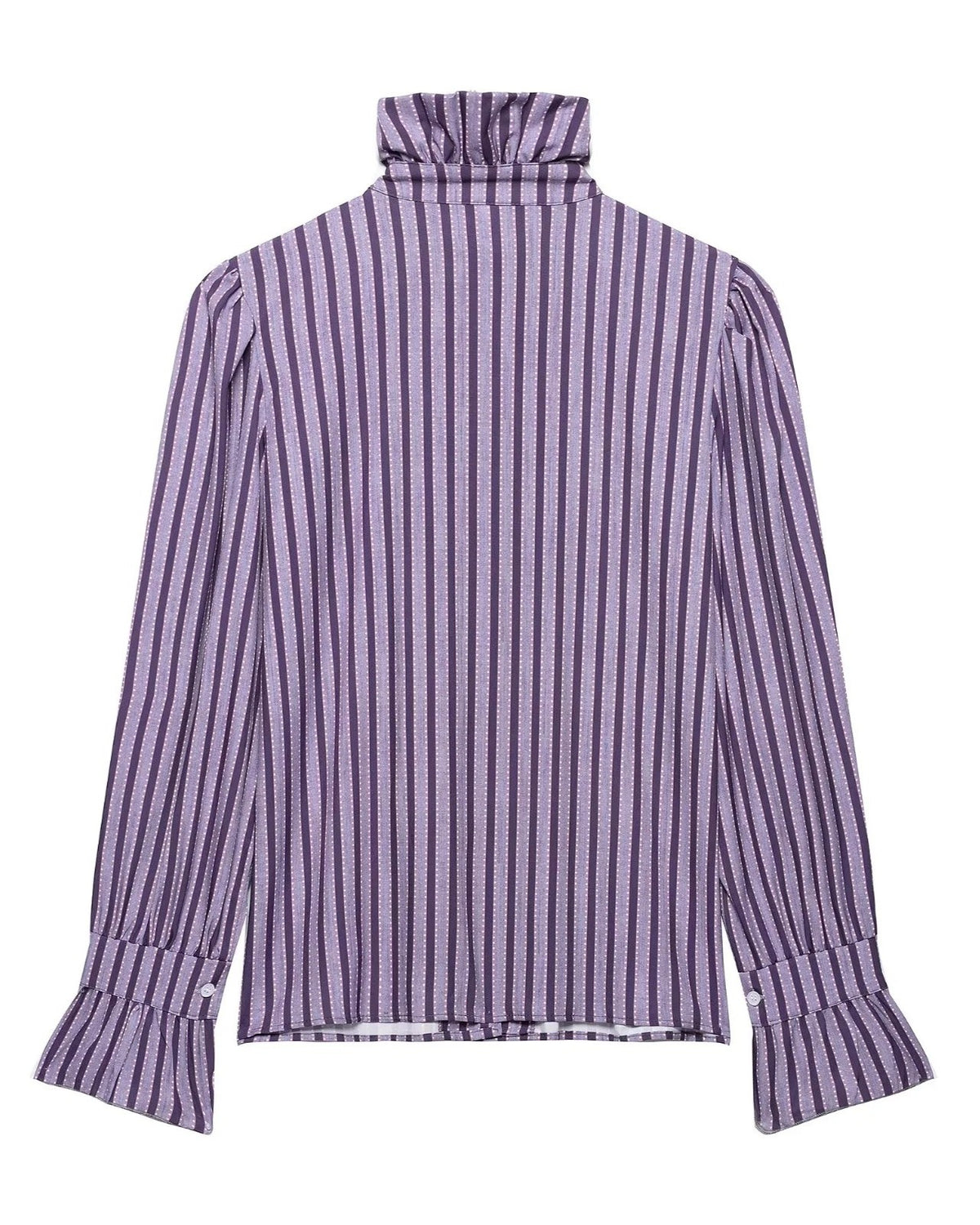 Ruffle Trim High Neck Button Down Shirt - Purple