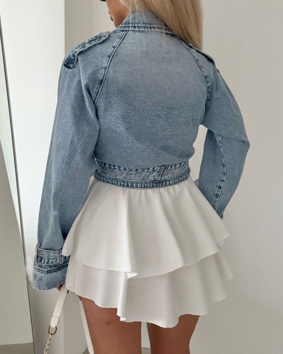 Cropped Denim Jacket With Peak Lapels - Blue - 3