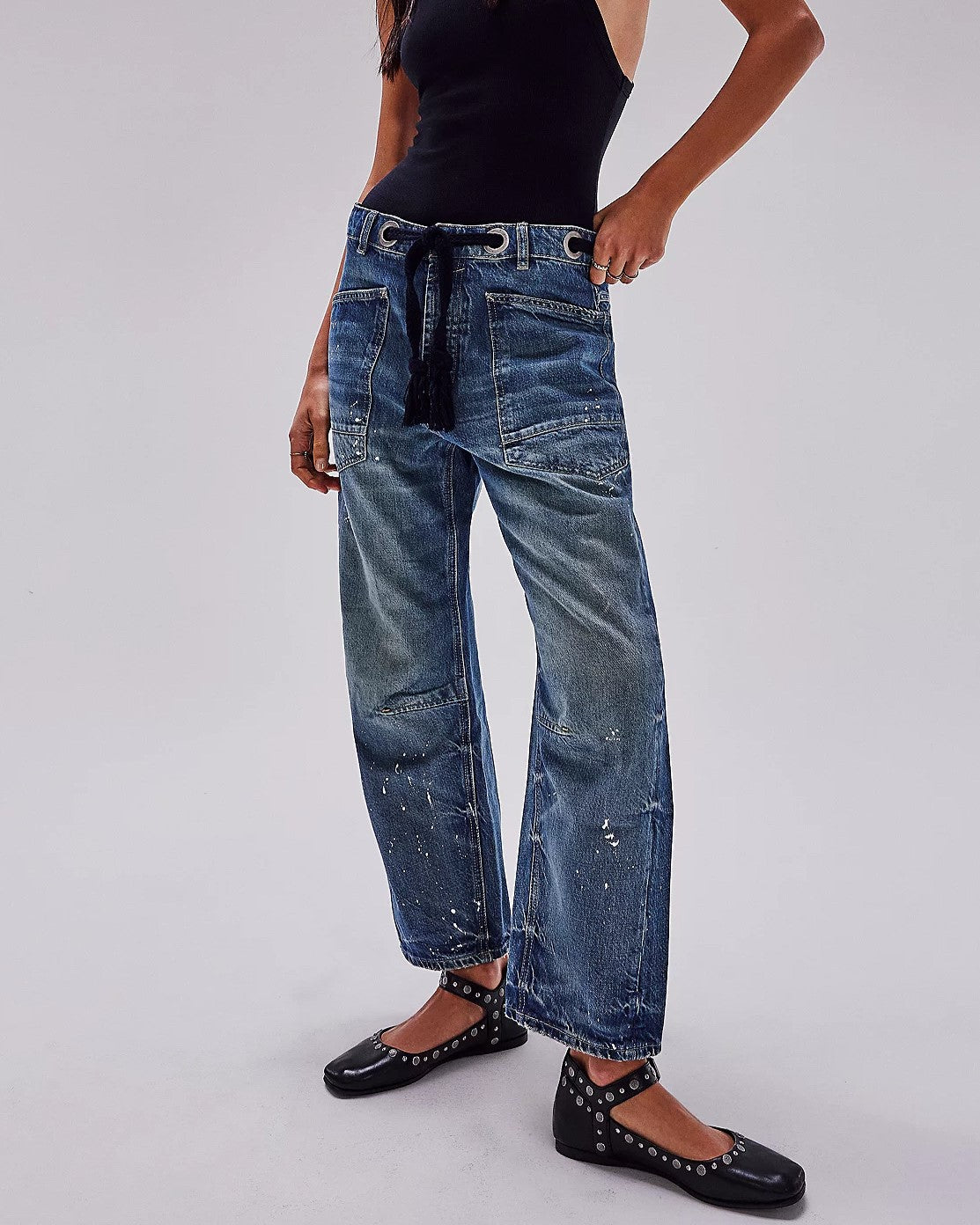 Drawstring Waist Patchwork Barrel Jeans - Blue_A