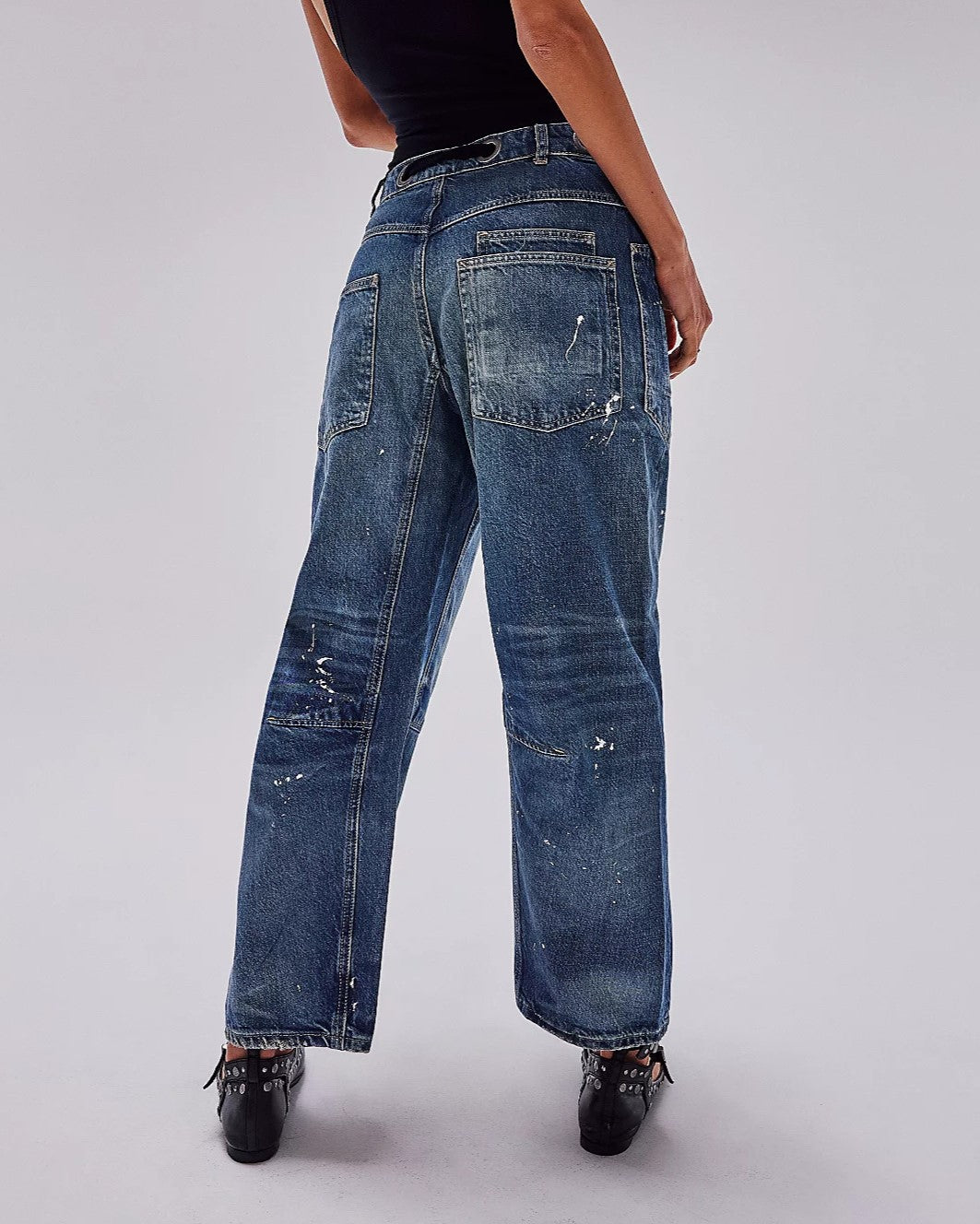 Drawstring Waist Patchwork Barrel Jeans - Blue_A - 1