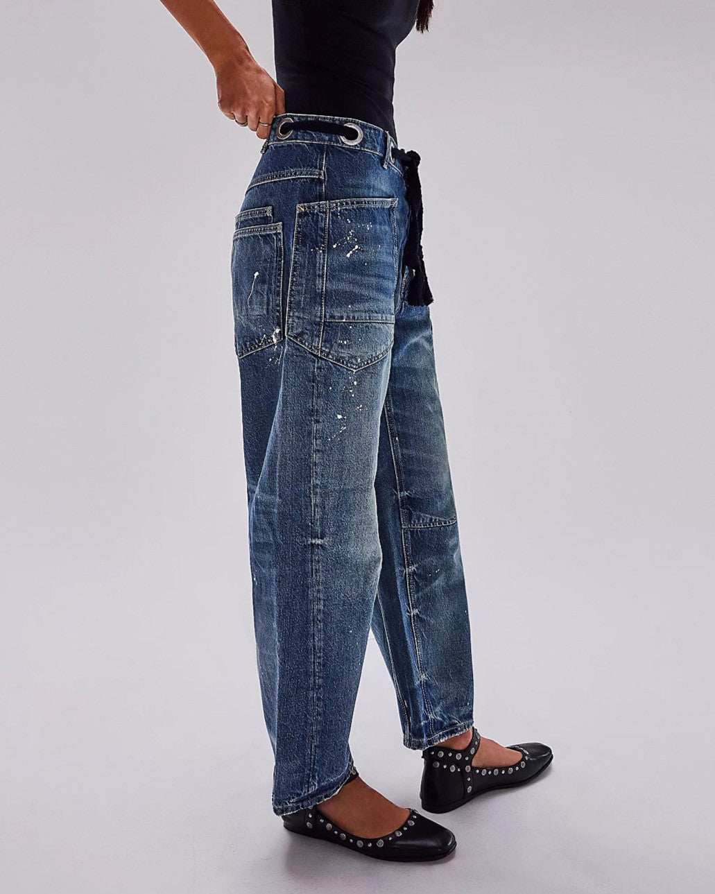 Drawstring Waist Patchwork Barrel Jeans - Blue_A - 2