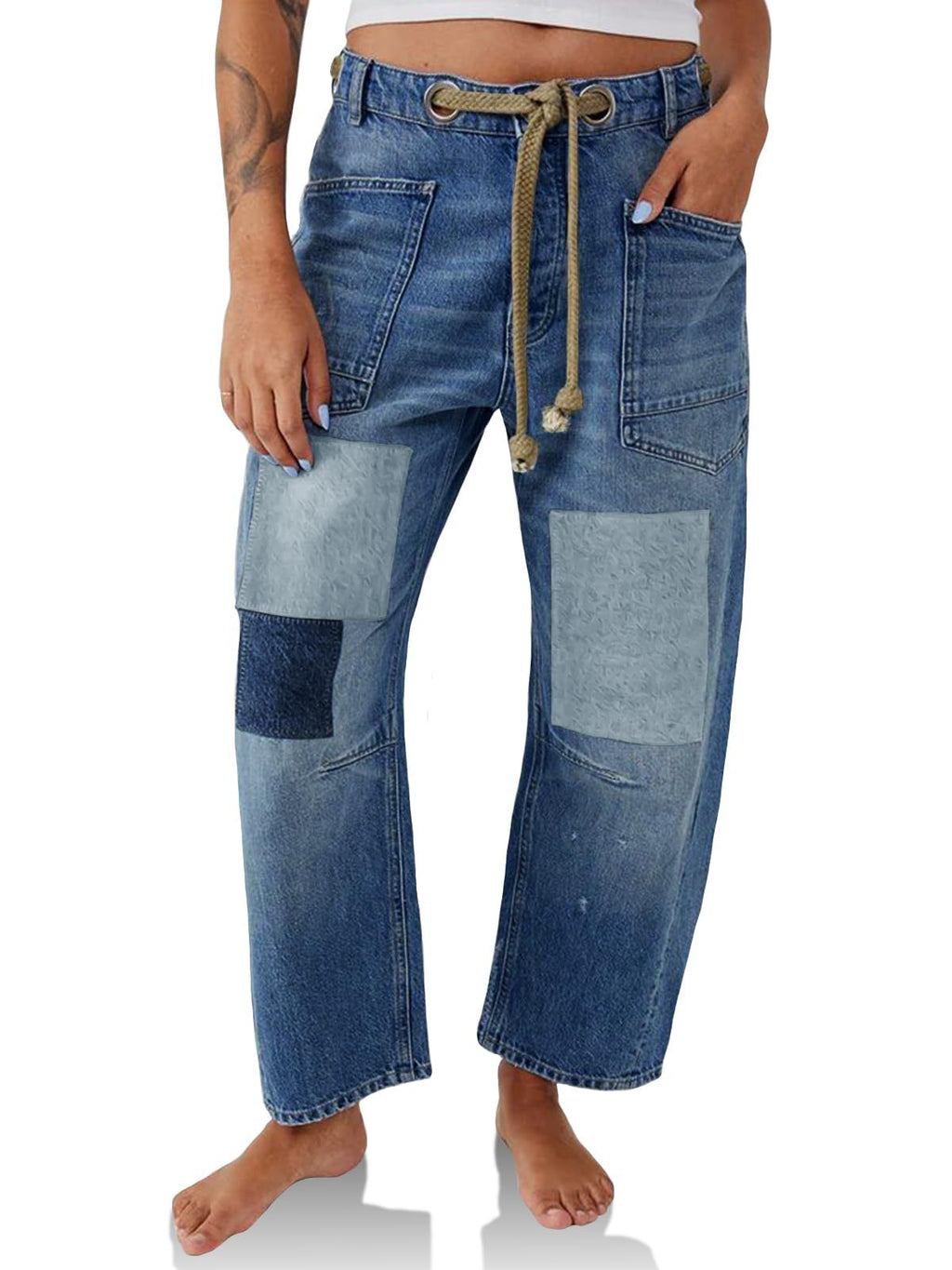 Drawstring Waist Patchwork Barrel Jeans - Blue_B