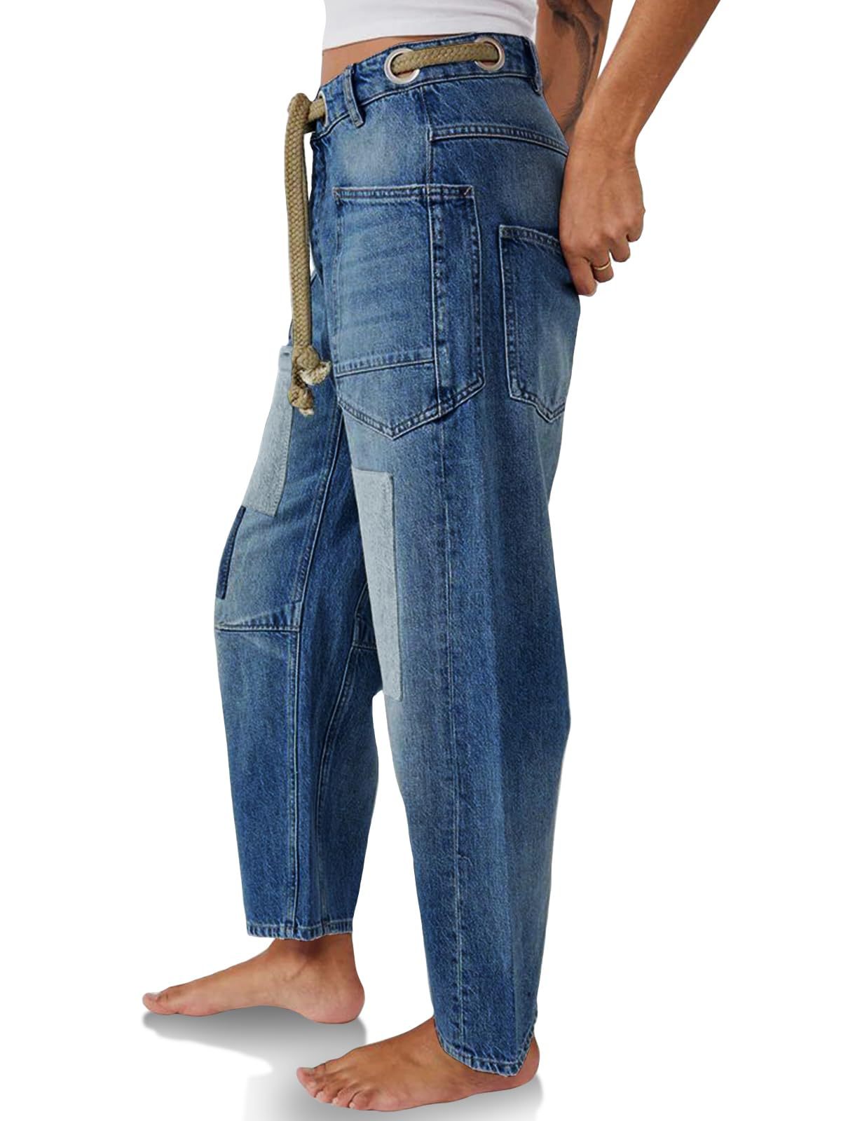 Drawstring Waist Patchwork Barrel Jeans - Blue_B - 1