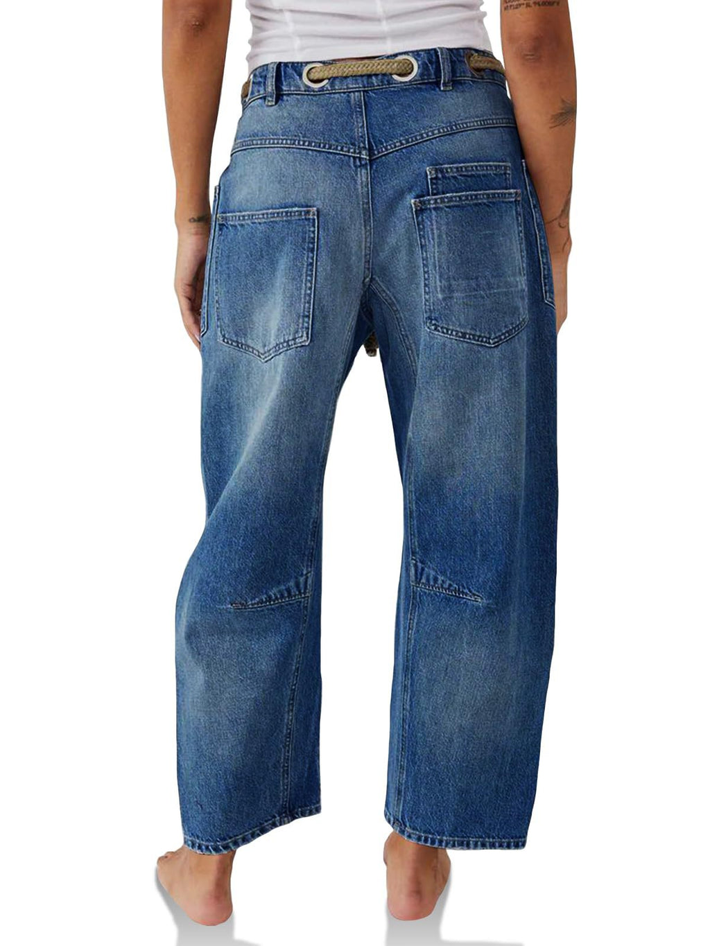 Drawstring Waist Patchwork Barrel Jeans - Blue_B - 2