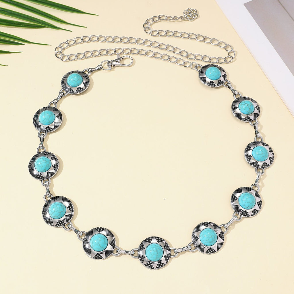 Sunburst Turquoise Stone Belly Chain Belt - Silvery