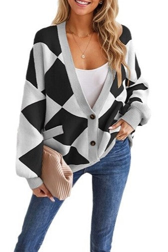 Harlequin Diamond Oversized Knit Cardigan - Black - 1