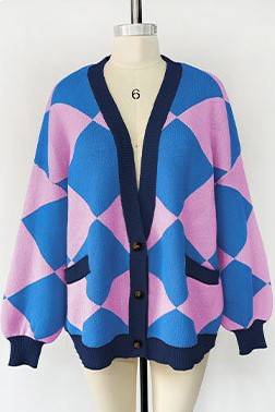 Harlequin Diamond Oversized Knit Cardigan - Blue - 1