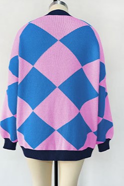 Harlequin Diamond Oversized Knit Cardigan - Blue - 2