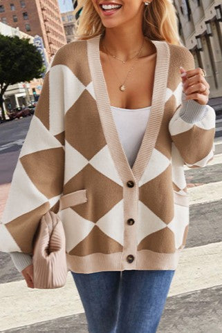 Harlequin Diamond Oversized Knit Cardigan - Khaki - 1