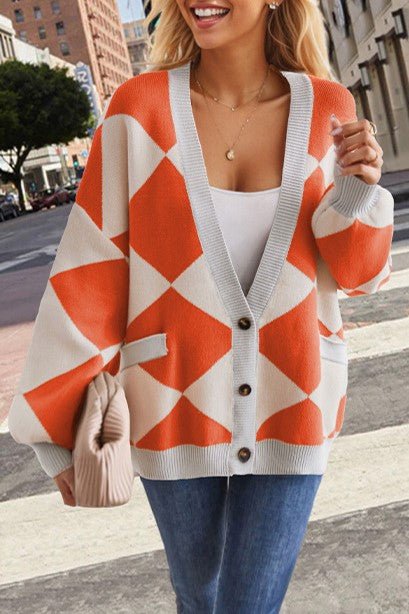 Harlequin Diamond Oversized Knit Cardigan - Orange