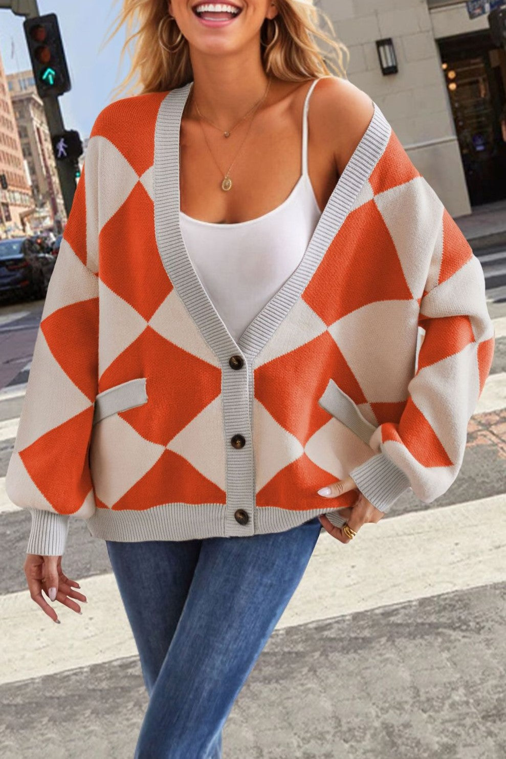 Harlequin Diamond Oversized Knit Cardigan - Orange - 1