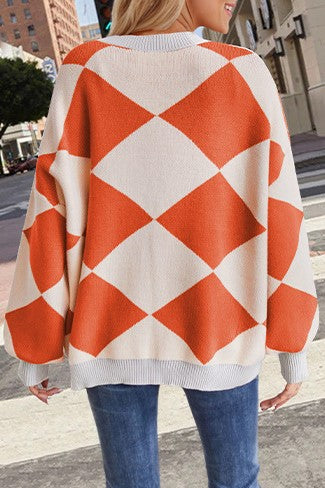 Harlequin Diamond Oversized Knit Cardigan - Orange - 2