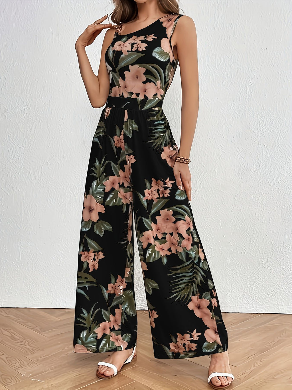 Tropical Floral Wide Leg Sleeveless Jumpsuit - Black