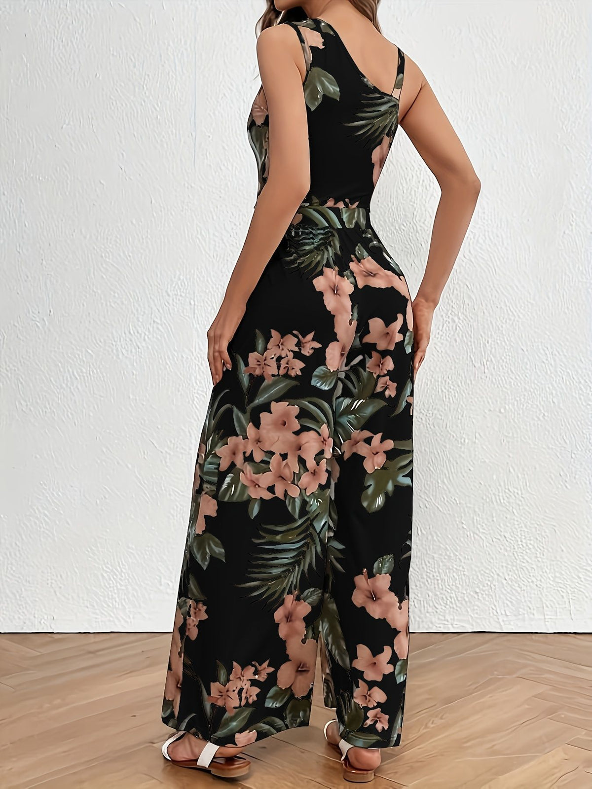 Tropical Floral Wide Leg Sleeveless Jumpsuit