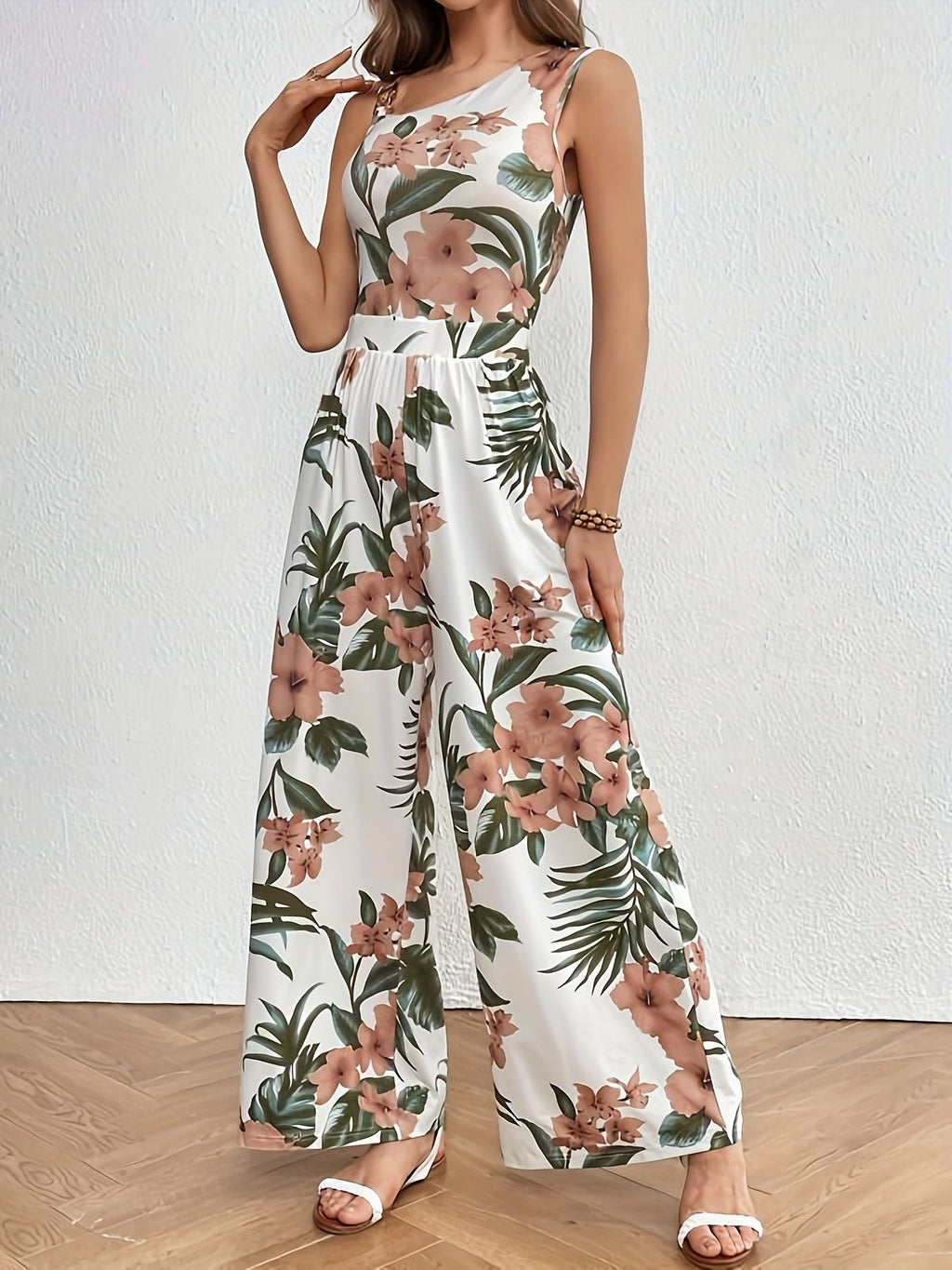 Tropical Floral Wide Leg Sleeveless Jumpsuit - view 1