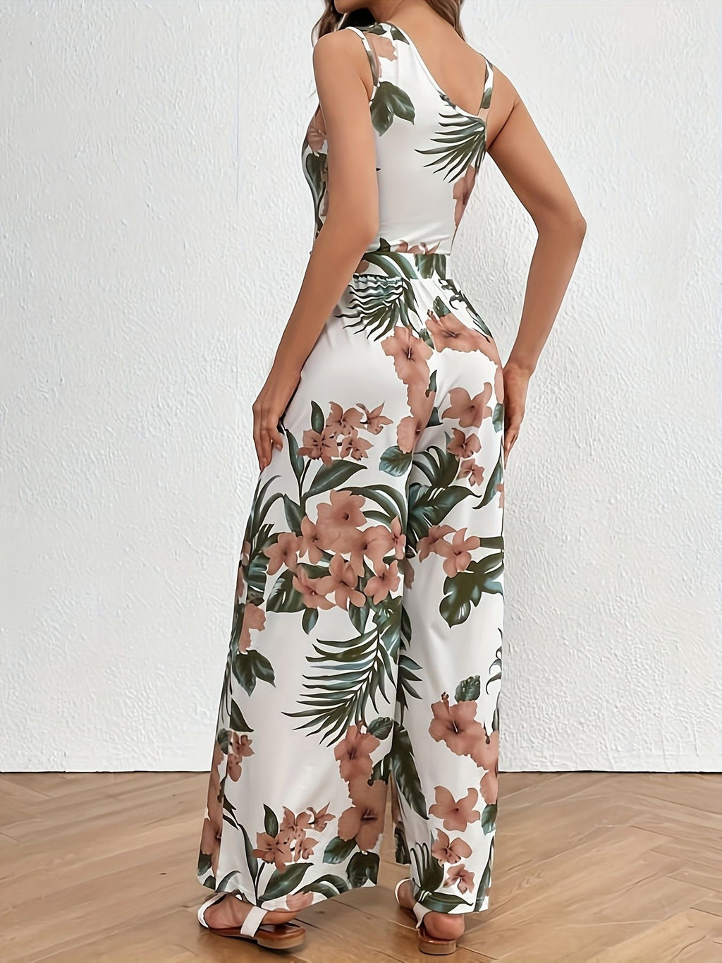 Tropical Floral Wide Leg Sleeveless Jumpsuit - view 2