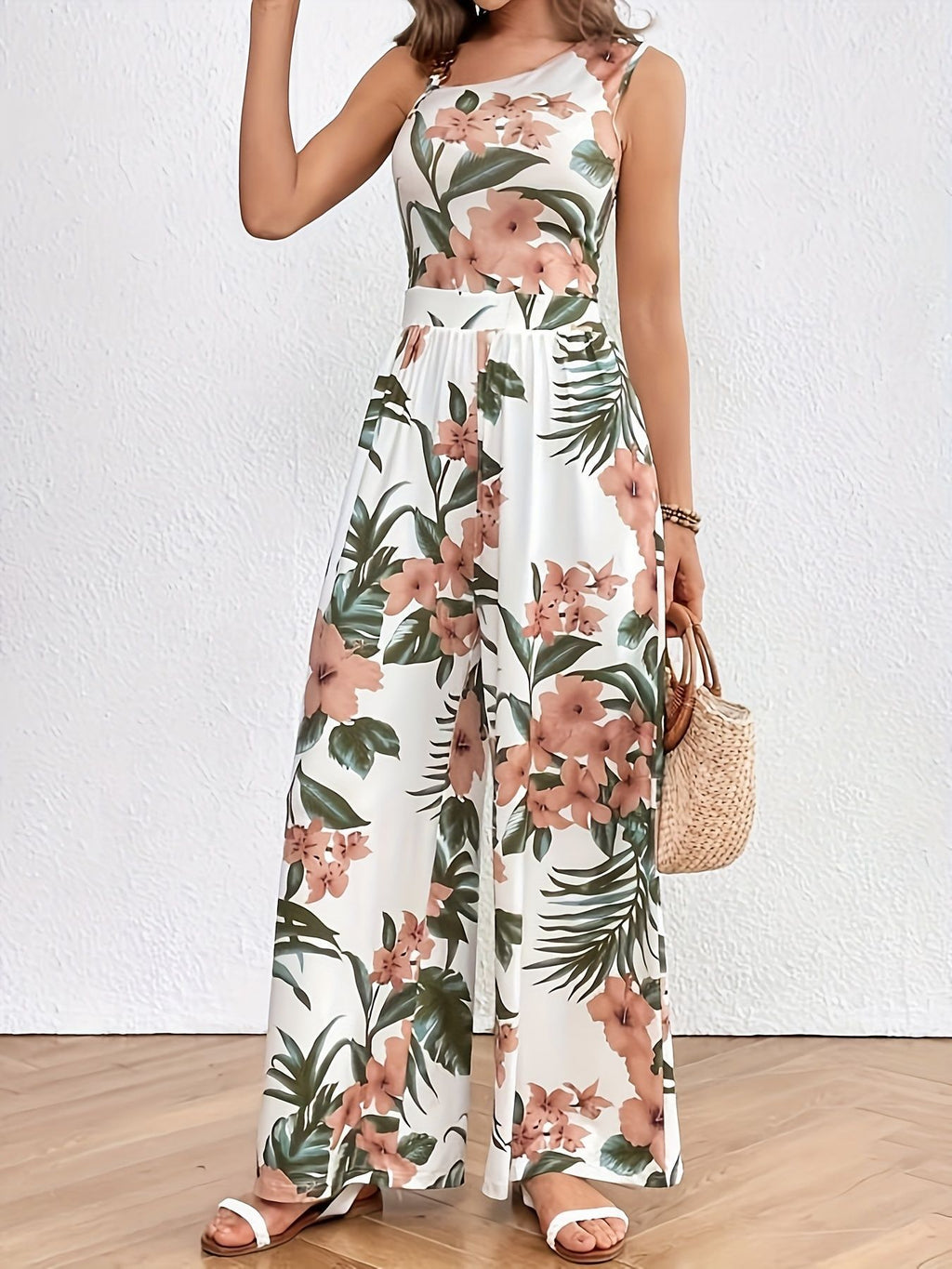 Tropical Floral Wide Leg Sleeveless Jumpsuit - view 3