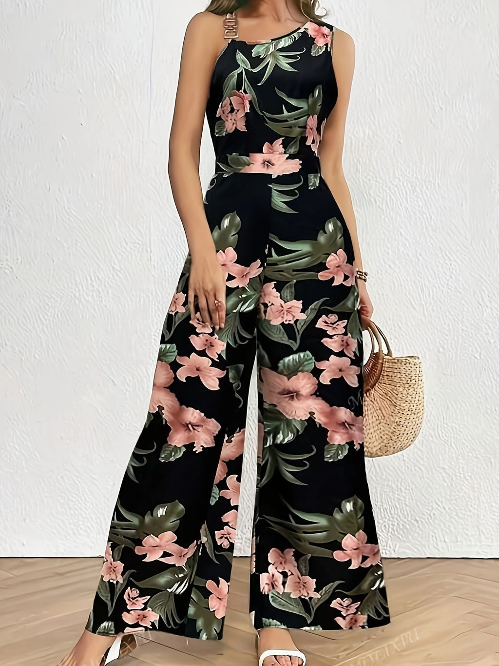 Tropical Floral Wide Leg Sleeveless Jumpsuit - view 4