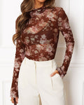 Printed Mesh High Neck Ruffle Cuff Top - Flowers