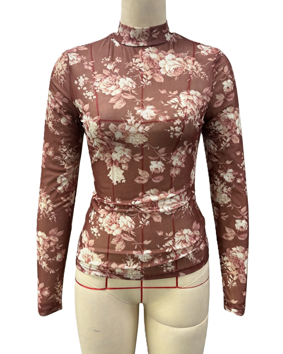 Printed Mesh High Neck Ruffle Cuff Top - Flowers - 1