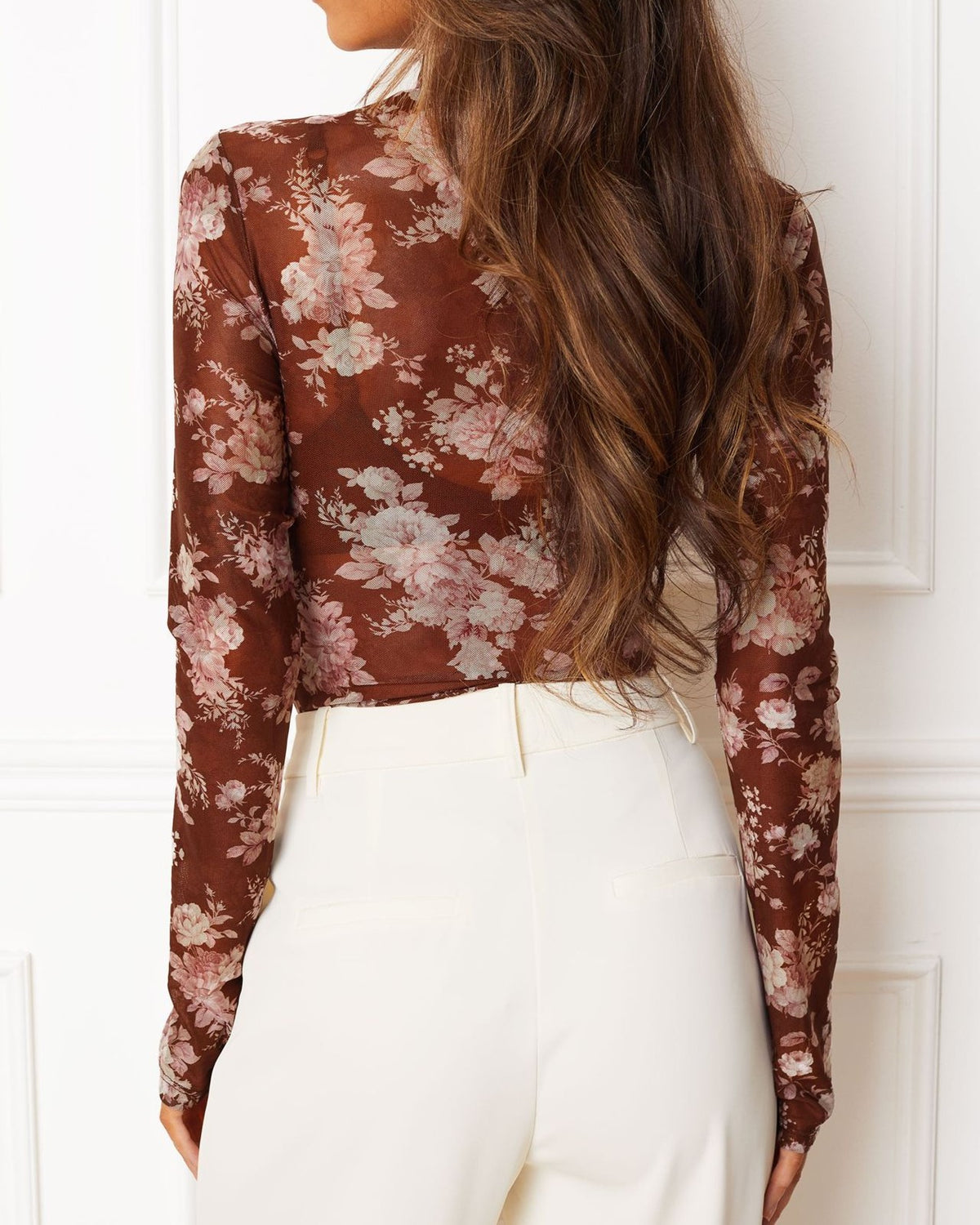 Printed Mesh High Neck Ruffle Cuff Top - Flowers - 2
