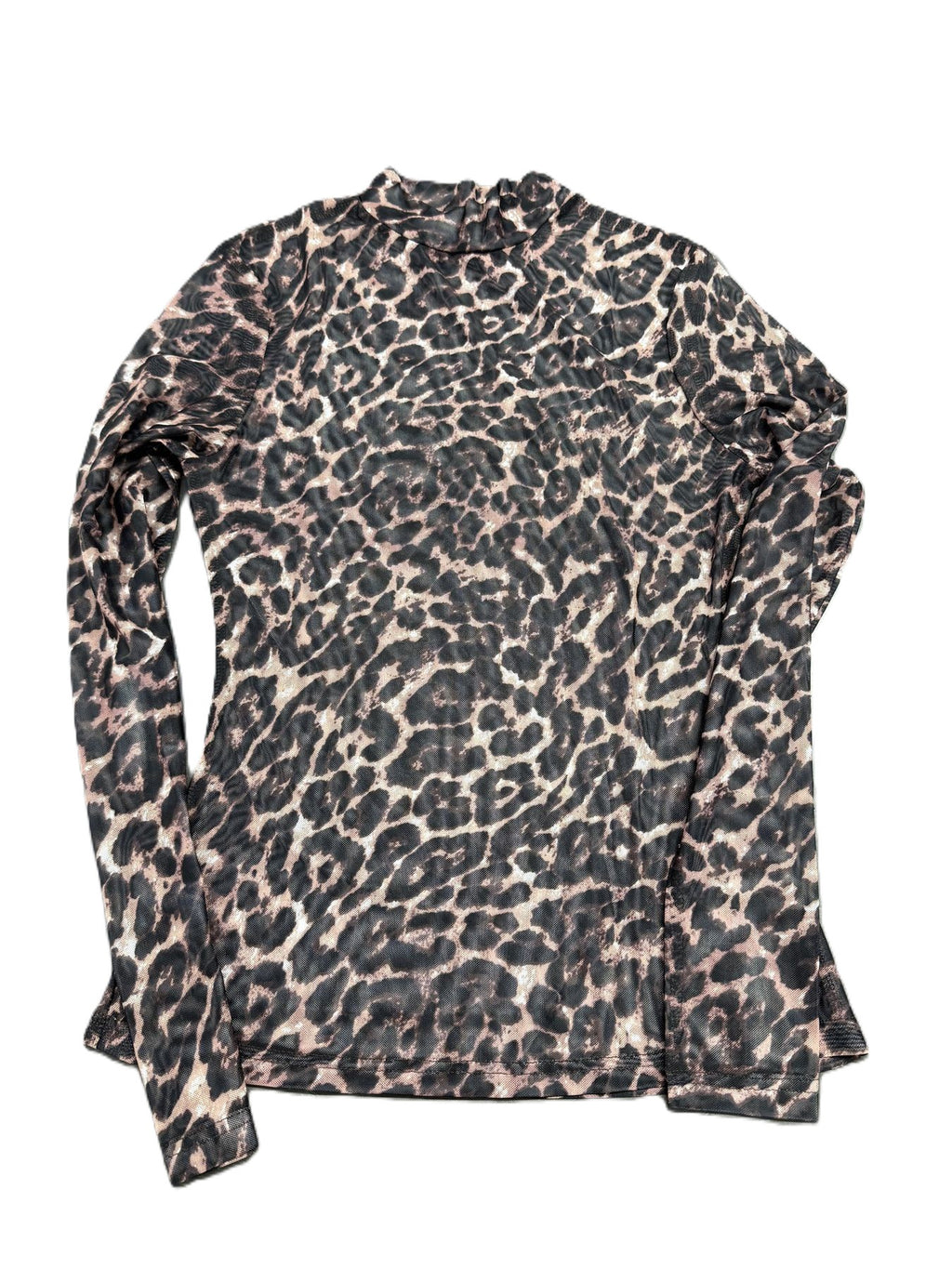 Printed Mesh High Neck Ruffle Cuff Top - Leopard - 1