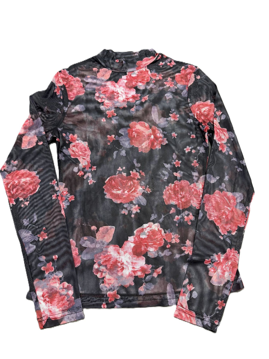 Printed Mesh High Neck Ruffle Cuff Top - Peony - 1