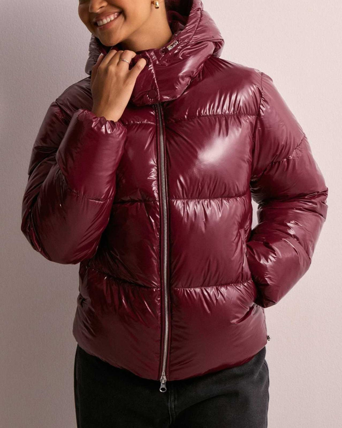 Glossy Padded Puffer Jacket With Hood - Red