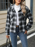 Cropped Plaid Button Front Jacket - Black