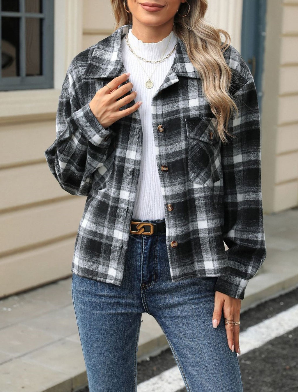 Cropped Plaid Button Front Jacket - Black - 1