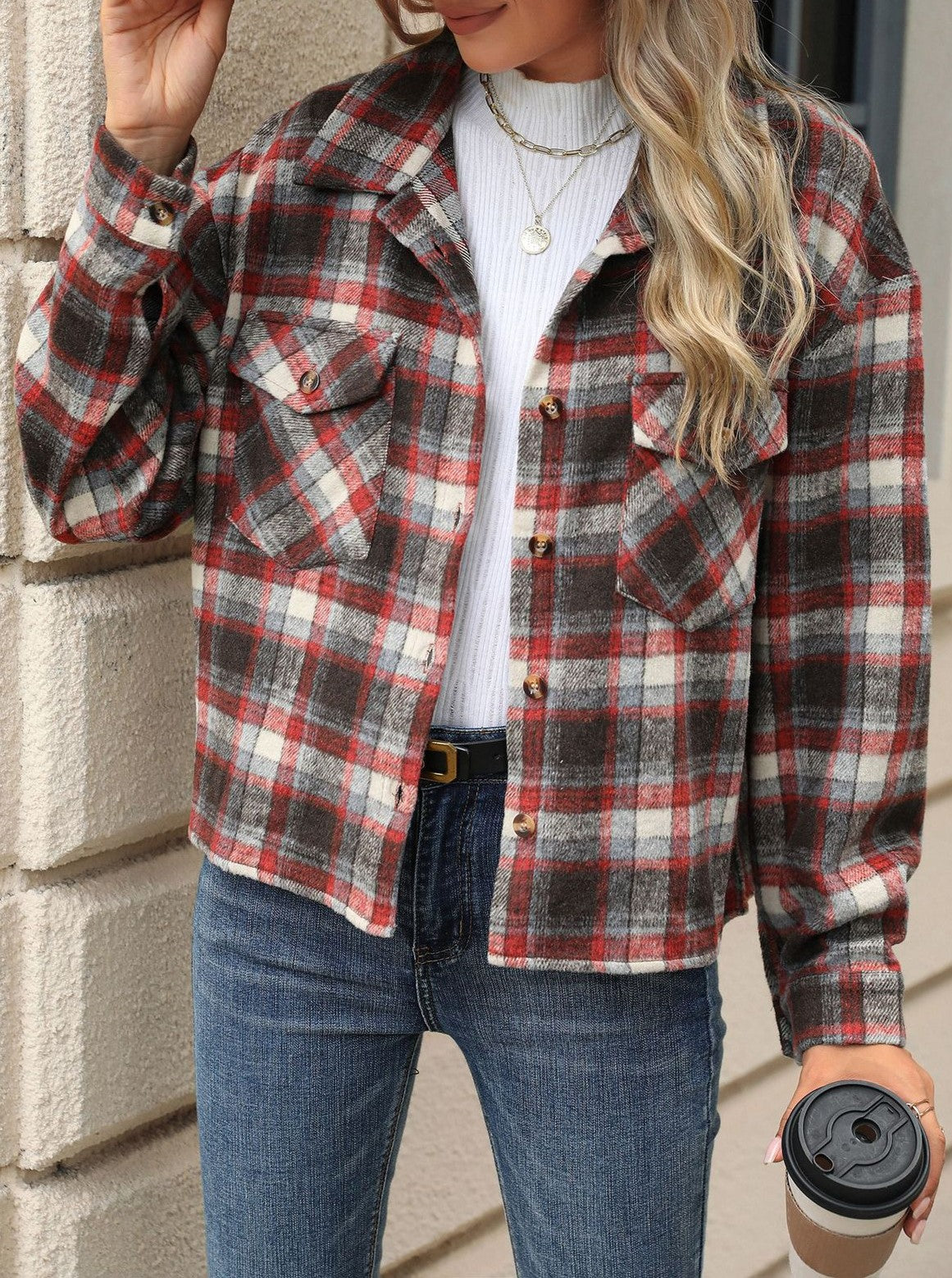 Cropped Plaid Button Front Jacket - Red