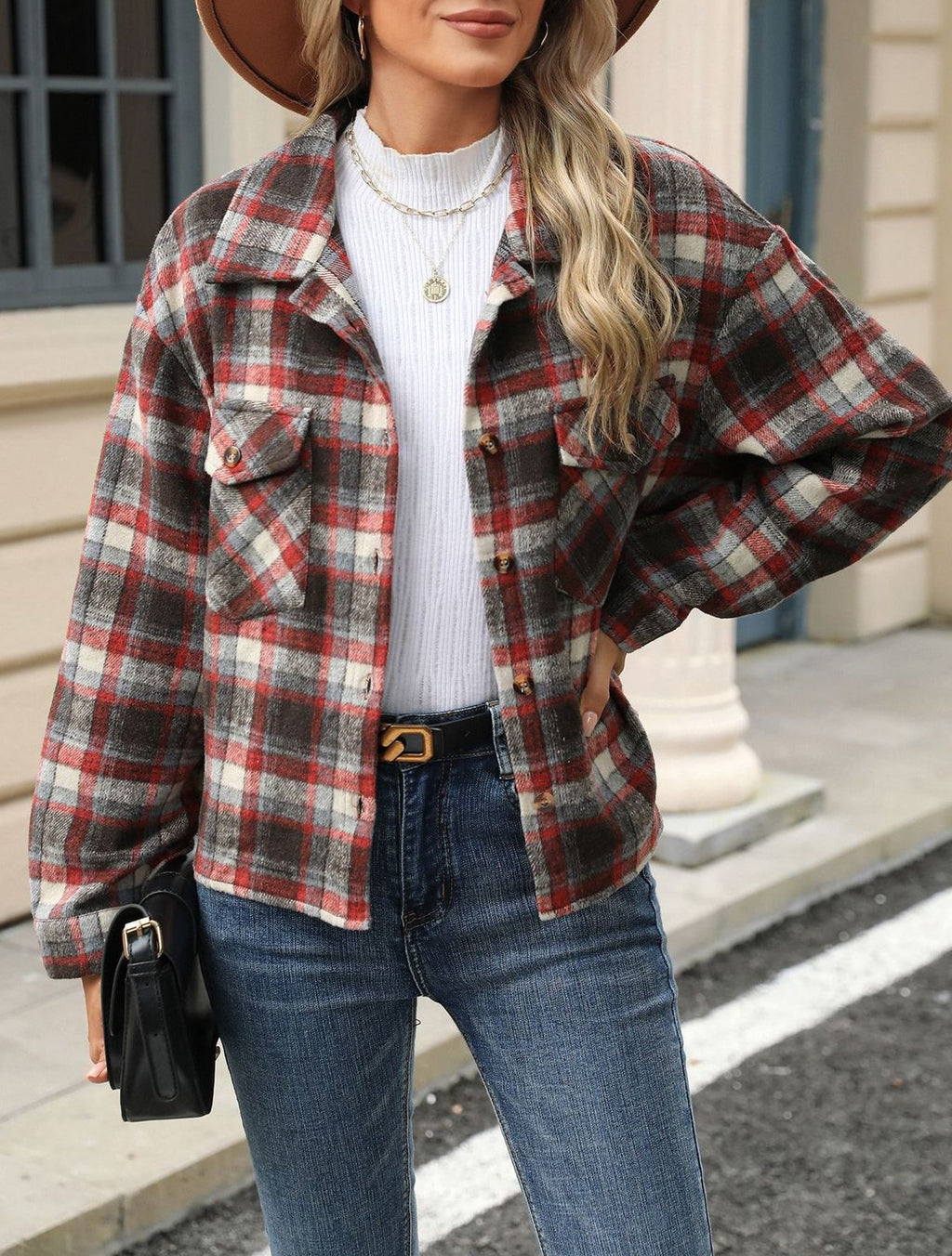 Cropped Plaid Button Front Jacket - Red - 1