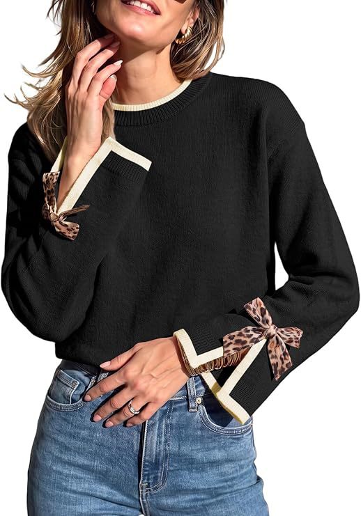 Piped Crew Neck Sweater With Leopard Bow Cuffs - Black