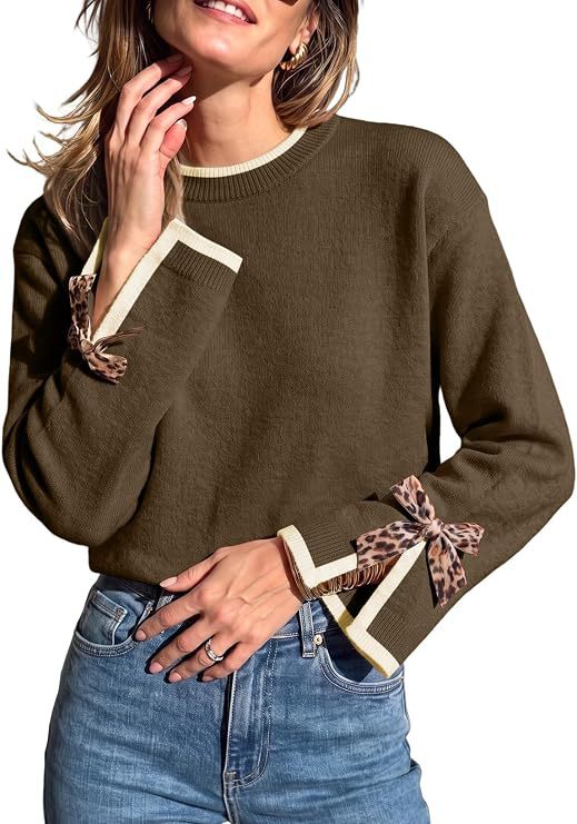 Piped Crew Neck Sweater With Leopard Bow Cuffs - Coffee