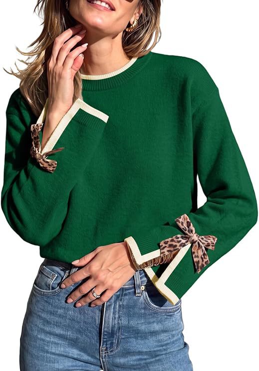Piped Crew Neck Sweater With Leopard Bow Cuffs - Green