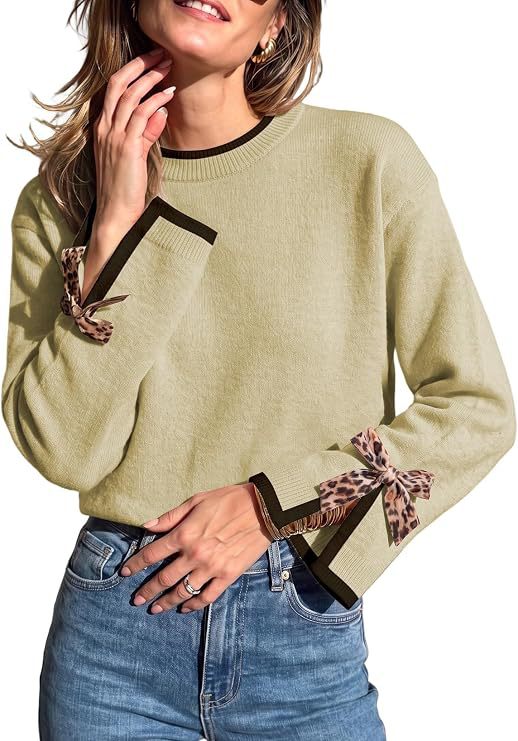 Piped Crew Neck Sweater With Leopard Bow Cuffs - Matcha