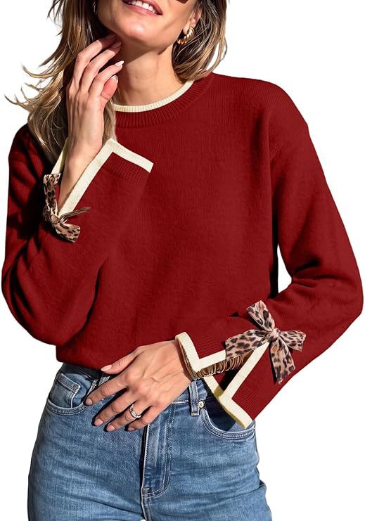 Piped Crew Neck Sweater With Leopard Bow Cuffs - Red