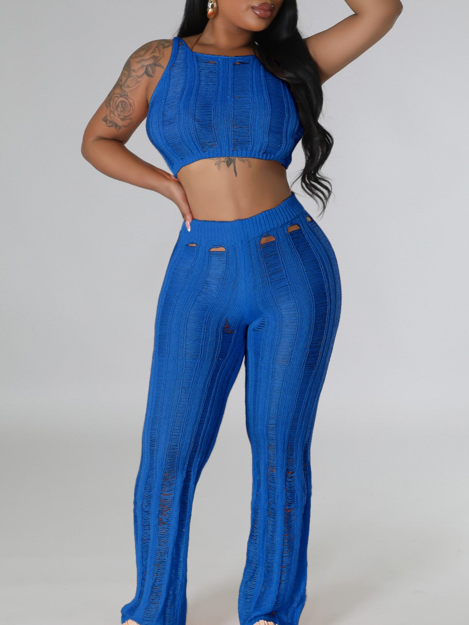 Ribbed Knit Crop Tank And Flare Pants Set - Blue