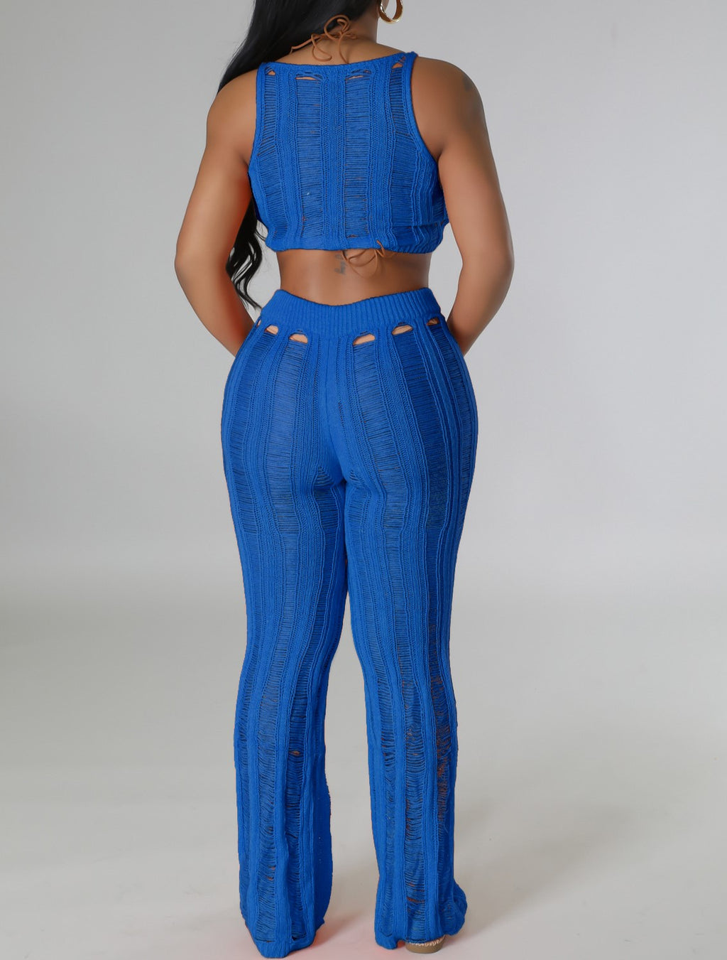 Ribbed Knit Crop Tank And Flare Pants Set - Blue - 1