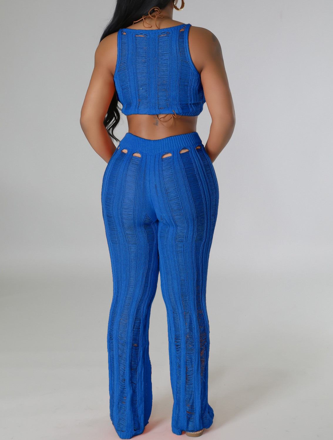 Ribbed Knit Crop Tank And Flare Pants Set - Blue - 1