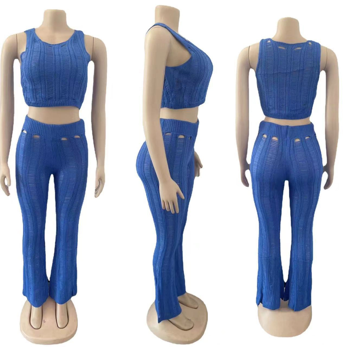 Ribbed Knit Crop Tank And Flare Pants Set - Blue - 2