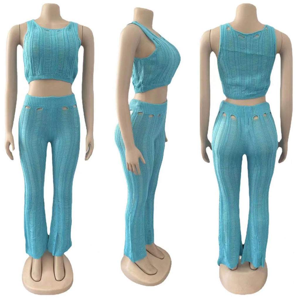 Ribbed Knit Crop Tank And Flare Pants Set - Skyblue - 2