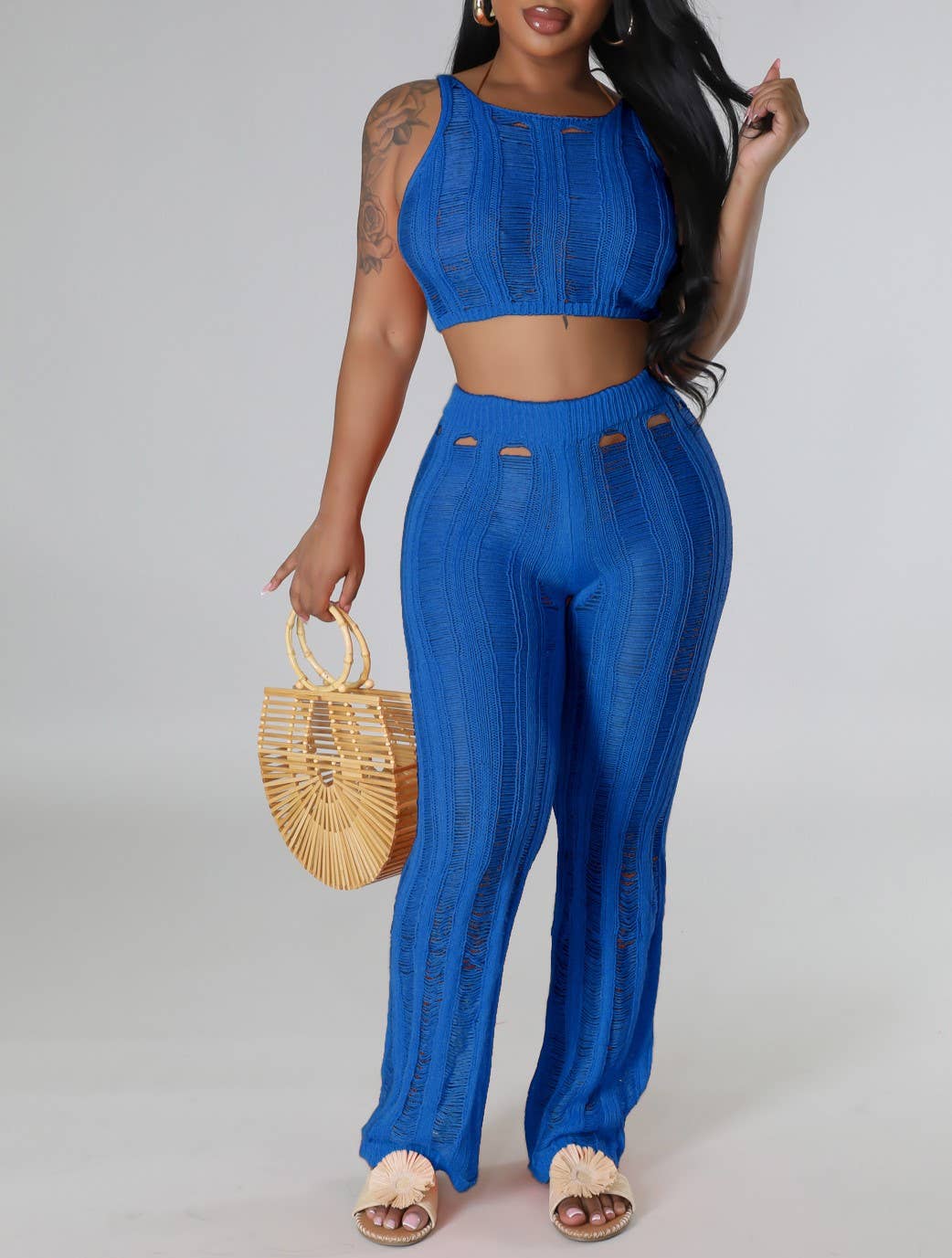 Ribbed Knit Crop Tank And Flare Pants Set