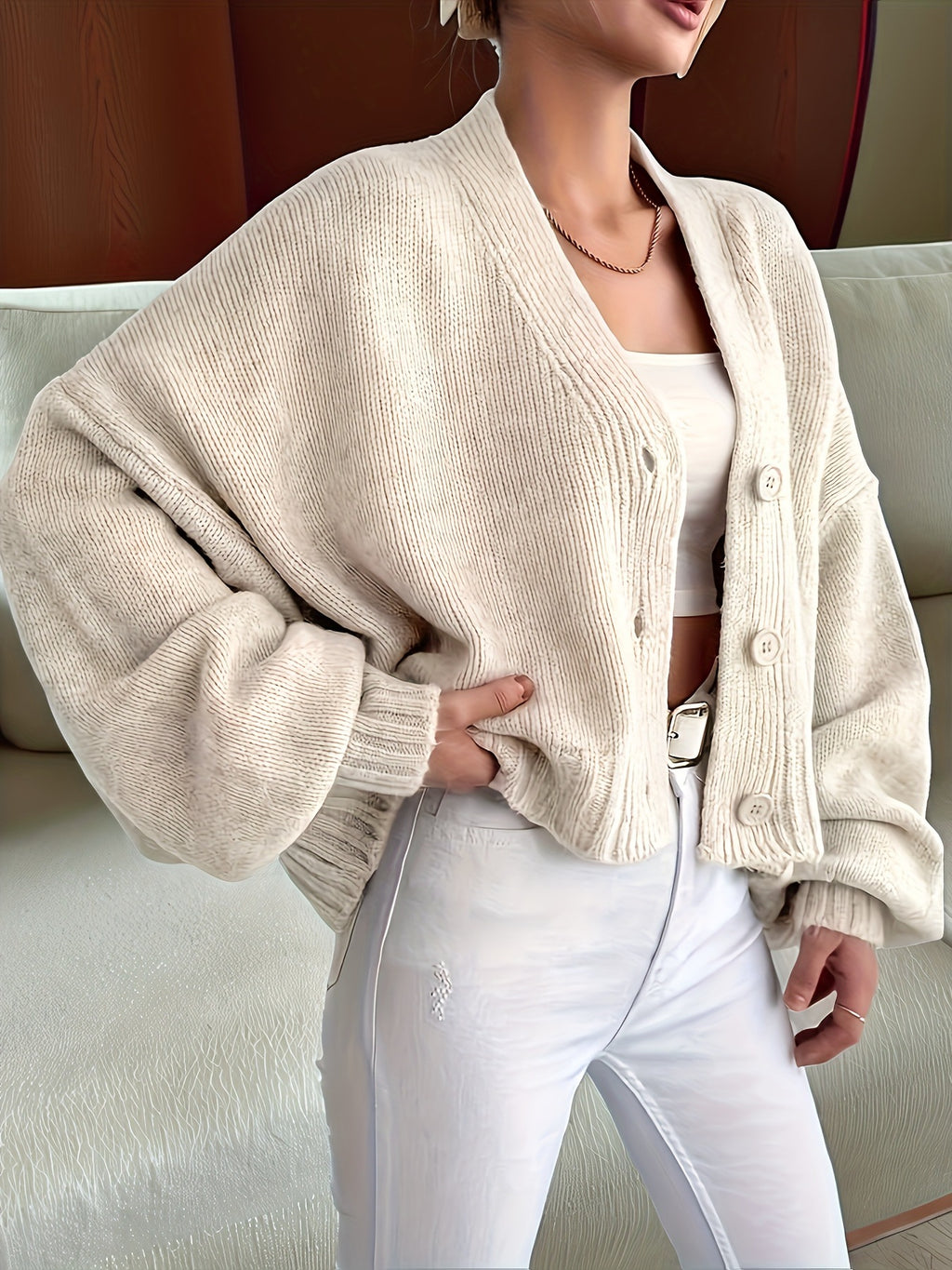 Oversized Cropped V-Neck Cardigan with Balloon Sleeves - Apricot - 1