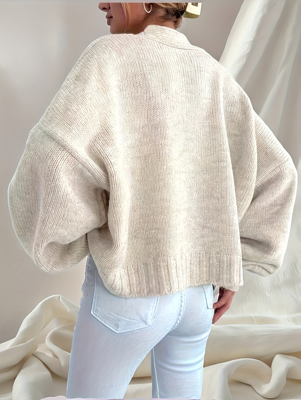 Oversized Cropped V-Neck Cardigan with Balloon Sleeves - Apricot - 2